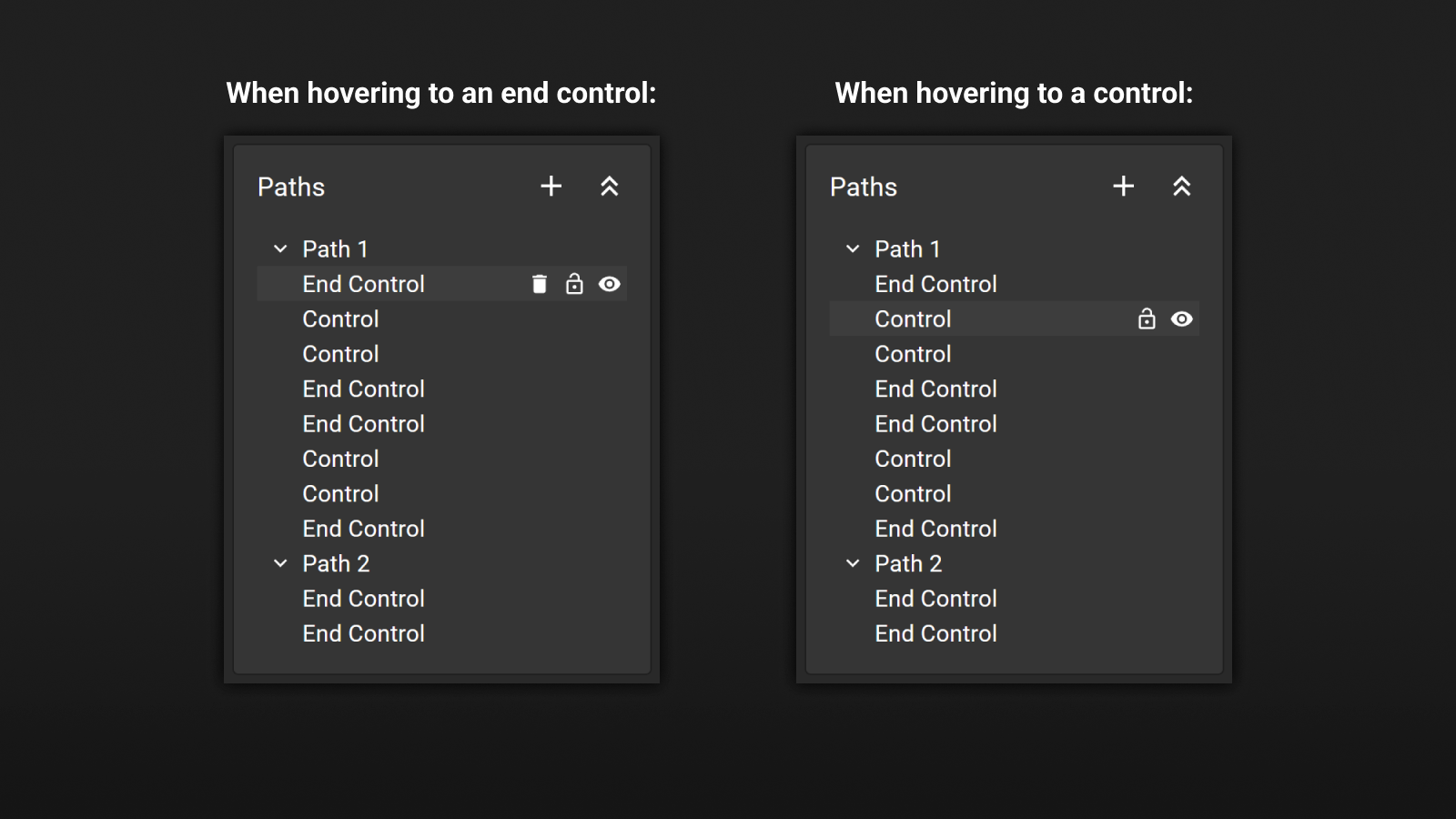 Hovering controls in a path tree